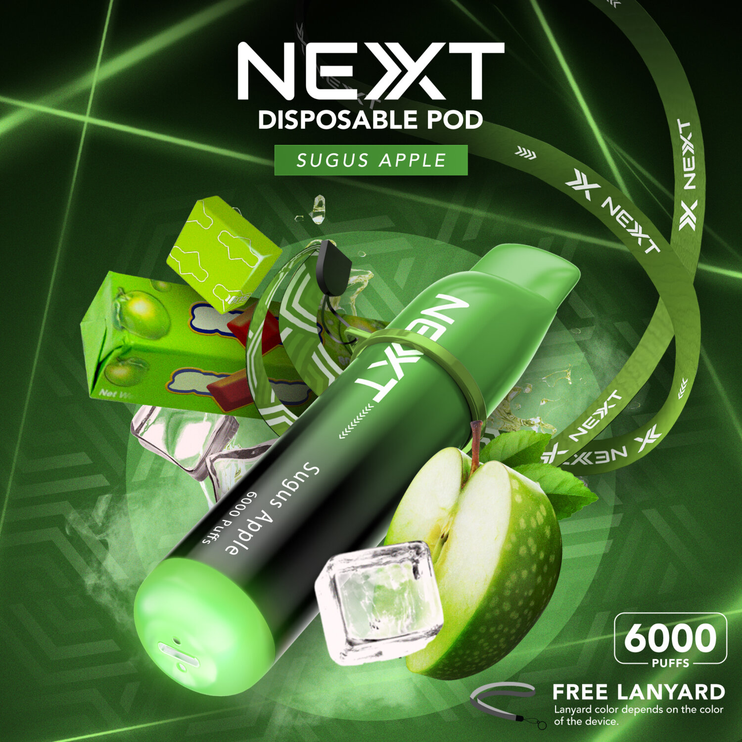 [PODDIS] Nextgen 6K Pod - Sugus Apple 6000puffs Nic3% 12ML 600mAh แถมสายคล้องคอ (Free Lanyard) ใช้แล้วทิ้งชาร์จได้
