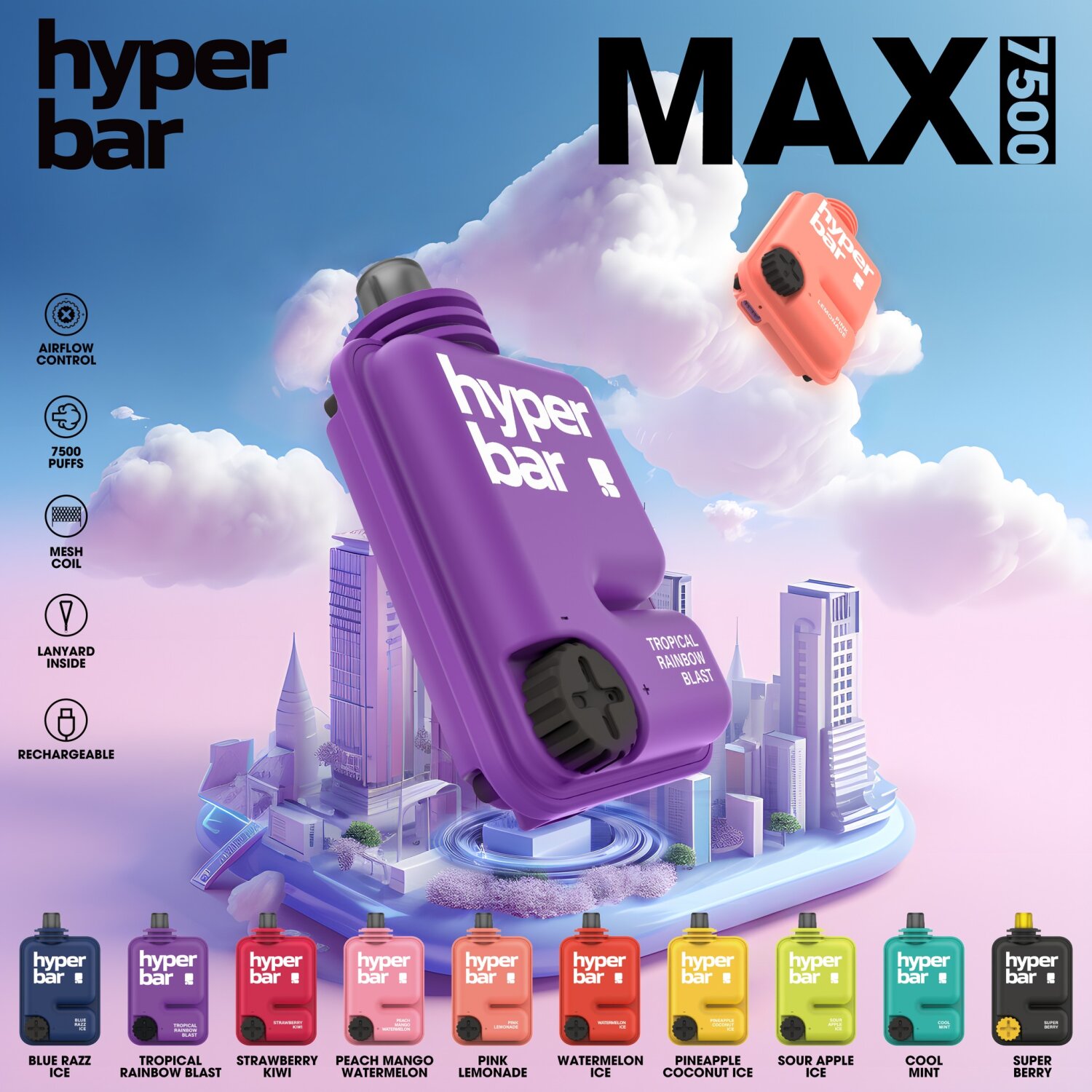 [PODDIS] Hyperbar Max 7500puffs Disposable Pod 600mAh Nic5% มี10กลิ่นให้เลือก ใช้แล้วทิ้งขาร์จได้