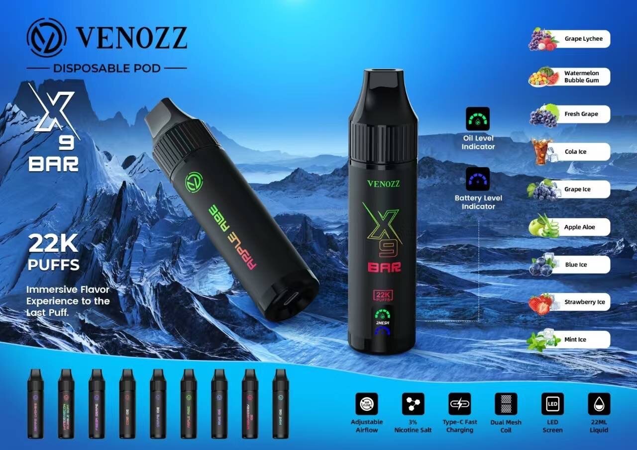[PODDIS] Venozz X9 Bar 22K Disposable Pod 22000puffs 22ML Nic3% ปรับรูลมได้ มีจอแสดงสถานะ ใช้แล้วทิ้ง ชาร์จได้