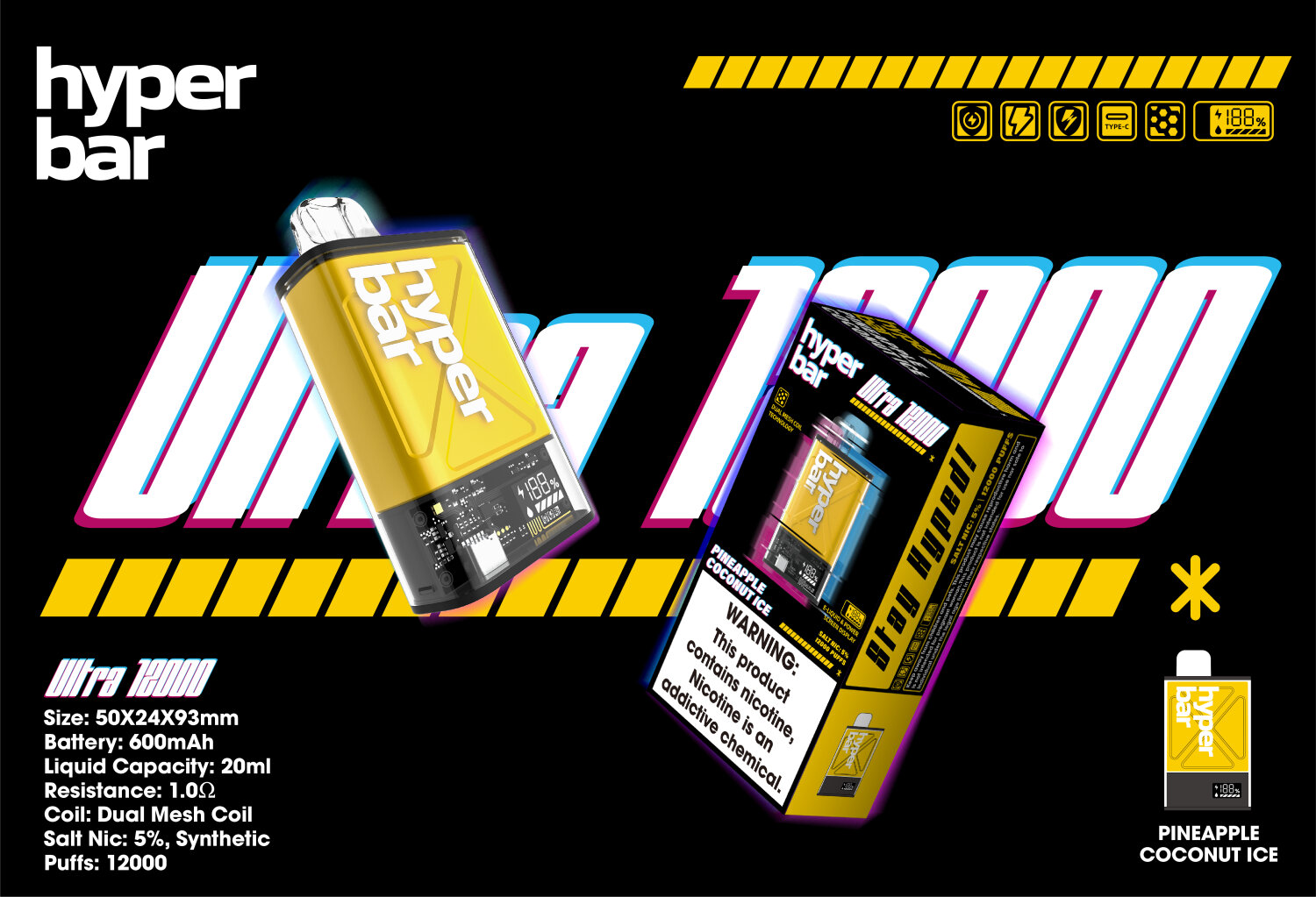 [PODDIS] Hyperbar Ultra Disposable 12000puffs 600mAh Nic5 มี10กลิ่นให้เลือก ใช้แล้วทิ้งขาร์จได้