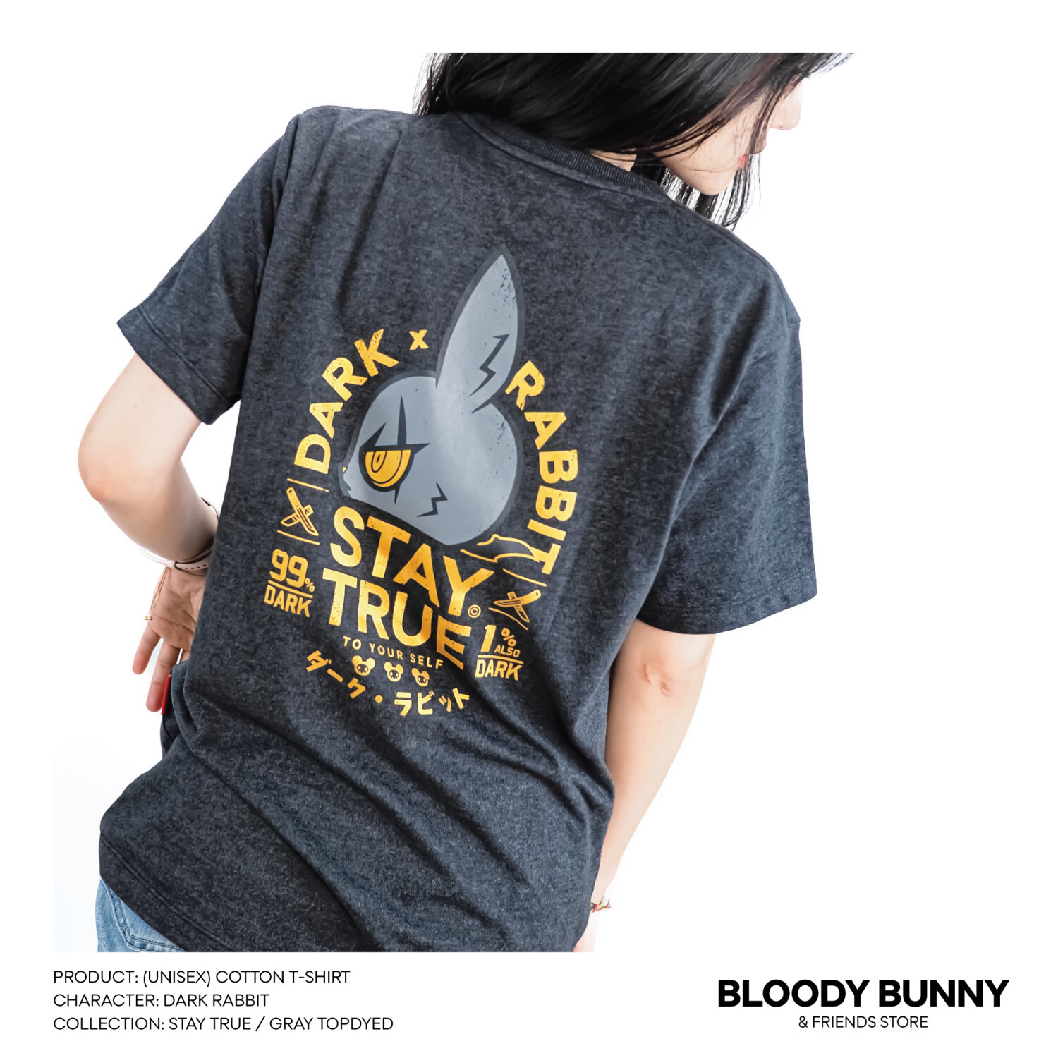 DARK RABBIT (STAY TRUE / GRAY TOPDYED) T-SHIRT - BLOODY BUNNY STORE