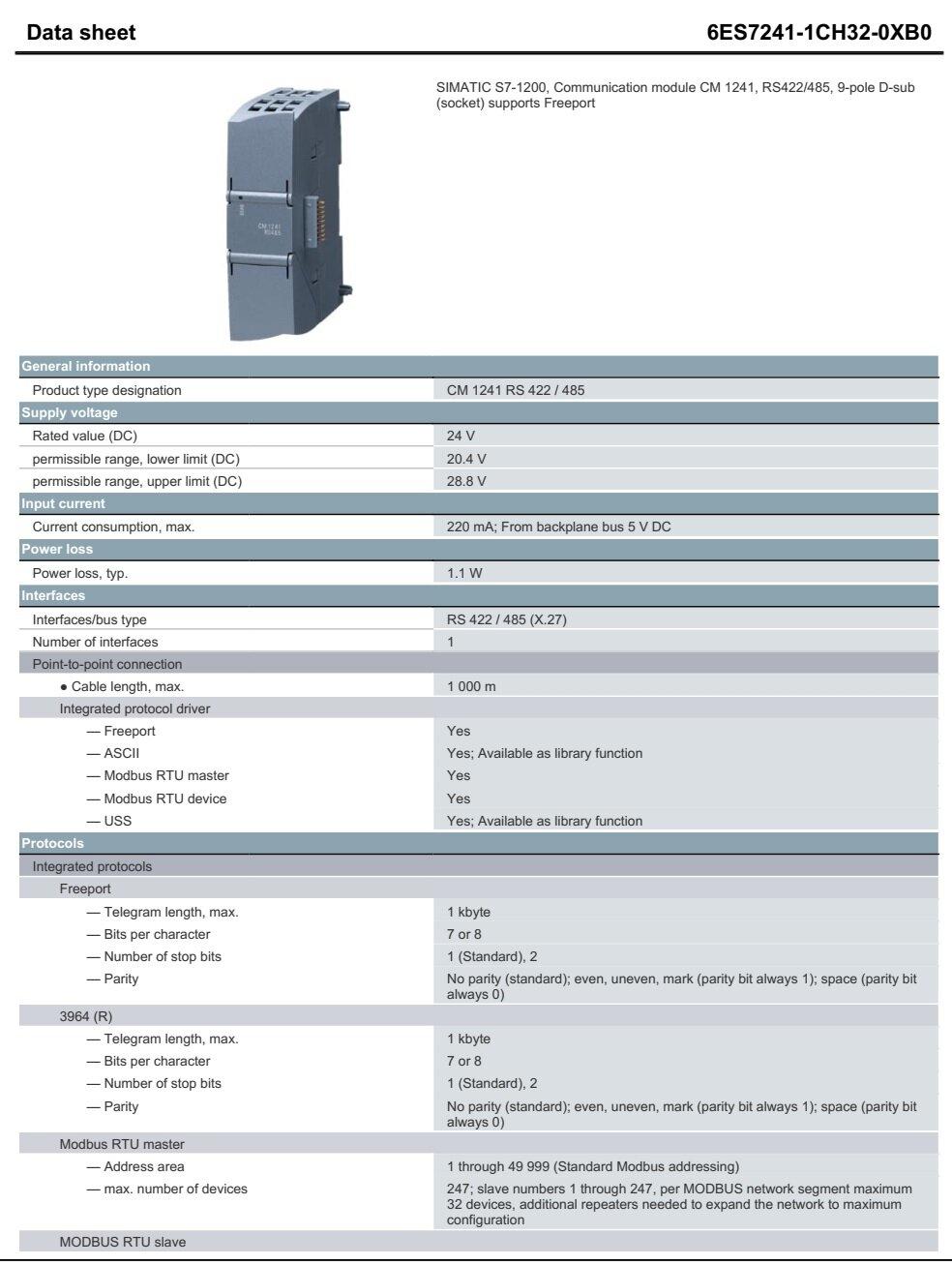Module De Communication Siemens S7-1200 CM 1241 RS422/485 (6GK7241-1CH32-0XB0) - Occasion Testé