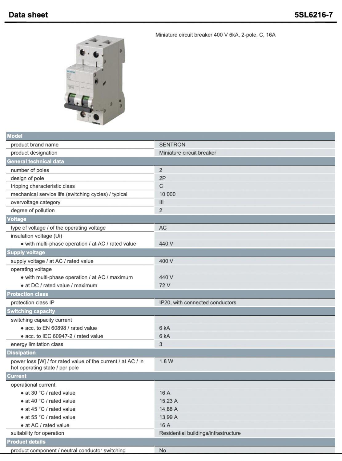 Siemens Miniature circuit breaker 400 V 6kA, 2pole, 16A IBCON