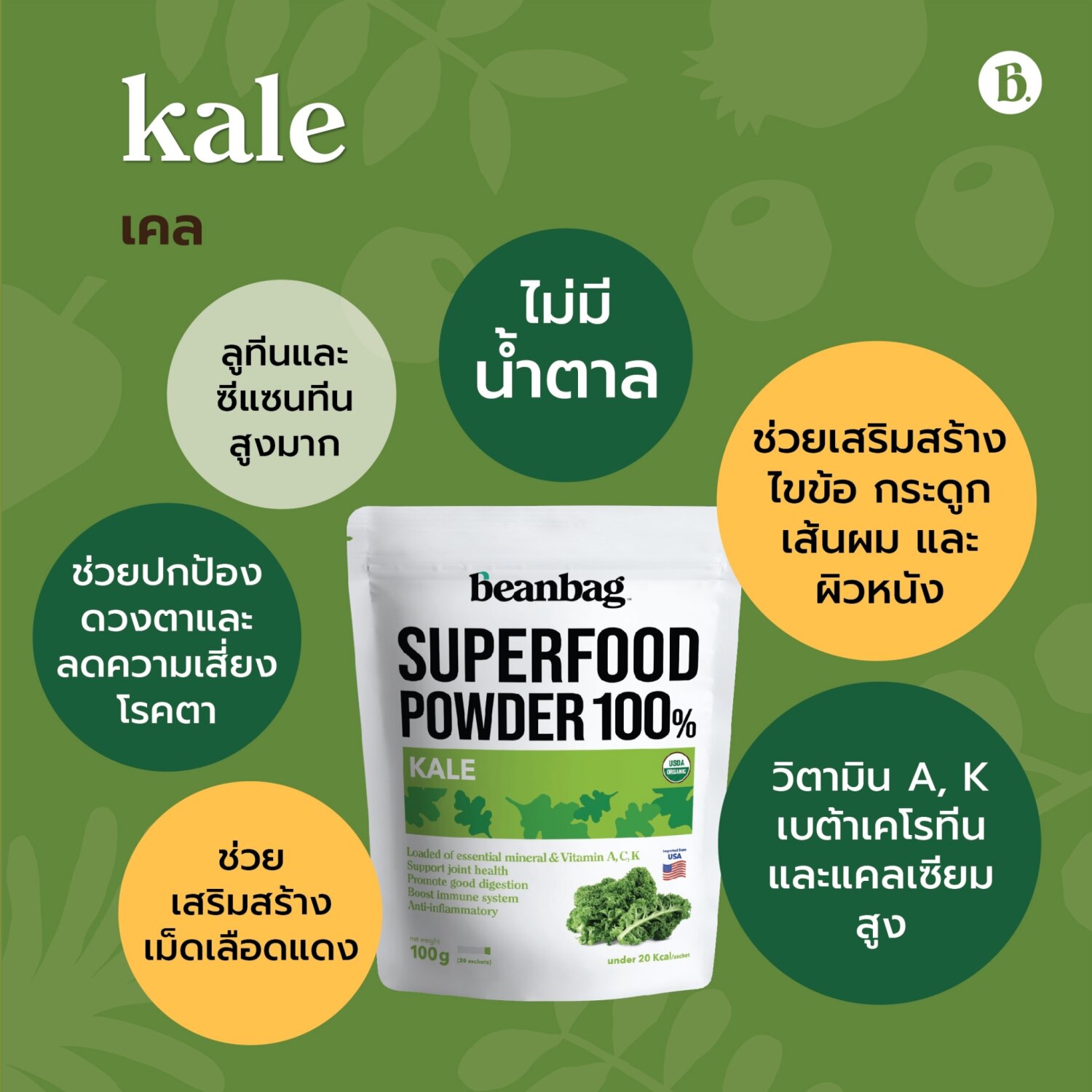 Beanbag Organic Kale powder ขนาด 100 g. (02396) Baimiang Healthy Shop