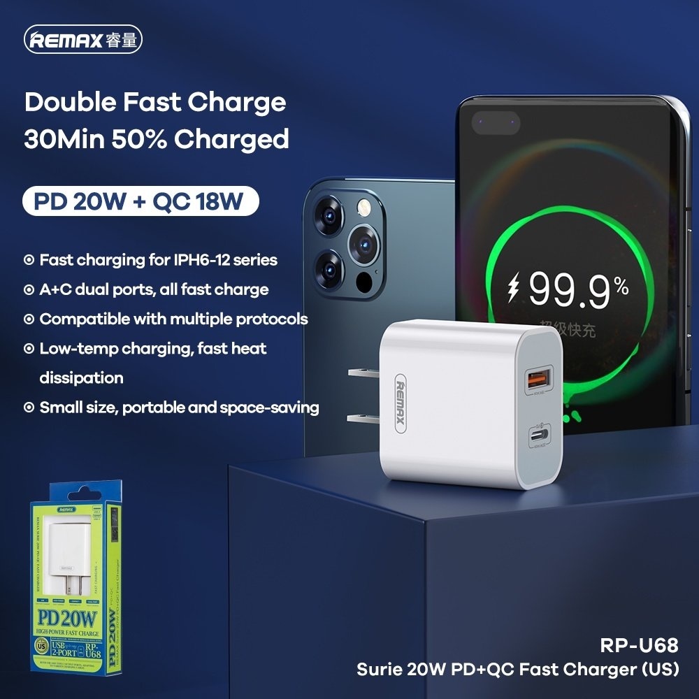 ชุดชาร์จ USB+type-c REMAX RP-U68 Speed Core Series 20W PD+QC 18w หัว ...