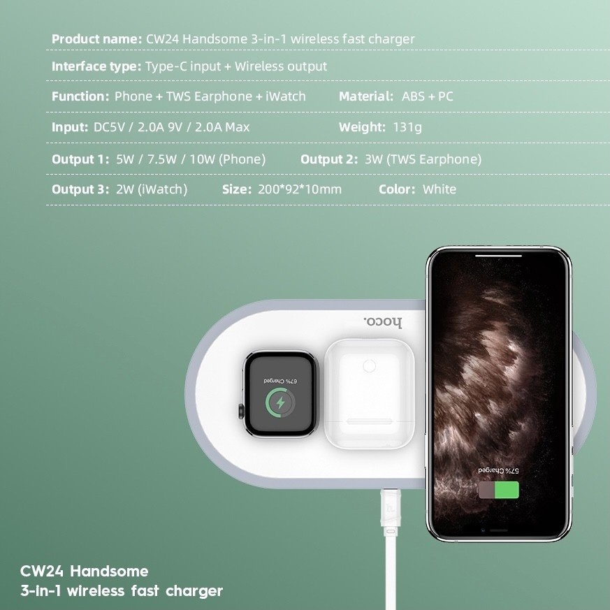 3in1 Wireless Charger แท่นชาร์จไร้สาย HOCO CW24 สำหรับชาร์จ iPhone