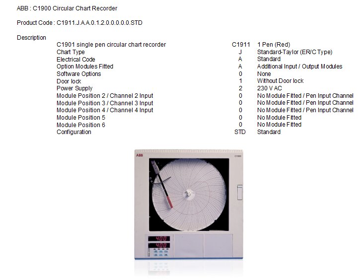 Product Code C1911JAA012STD "ABB" C1900 Circular Chart Recorder