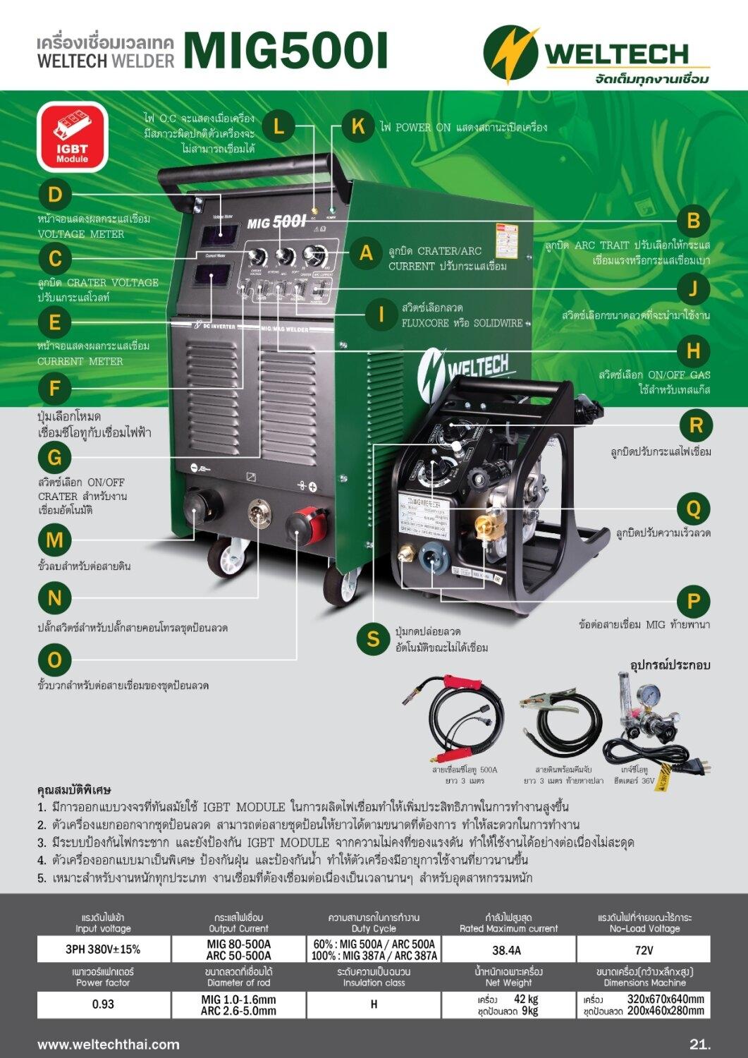 WELTECH MIG500I เครื่องเชื่อมซีโอทู 2 ระบบ (MIG/ARC) ระบบ Inverter 500 ...