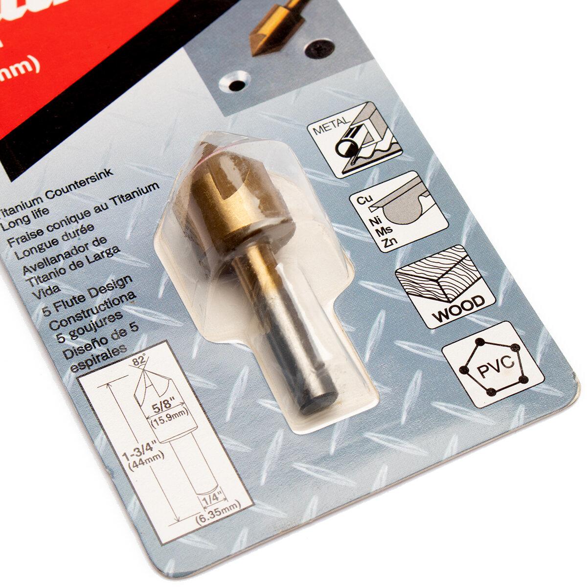 Makita B-30047 5/8” Countersink Bit – 1/4” Round Shank, Titanium Coated, 82° 5-Flute Cutter For Wood, Metal & Plastic