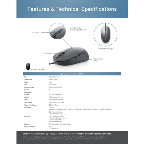 Dell Laser Mouse รุ่น MS3220 (USB , 3200DPI, 2 Buttons Programs) สินค้าแท้ 100% รับประกันศูนย์เดล 3 ปี - GIGA IT SHOP Dell Laser Mouse รุ่น MS3220 (USB , 3200DPI, 2 Buttons Programs) สินค้าแท้ 100% รับประกันศูนย์เดล 3 ปี - GIGA IT SHOP