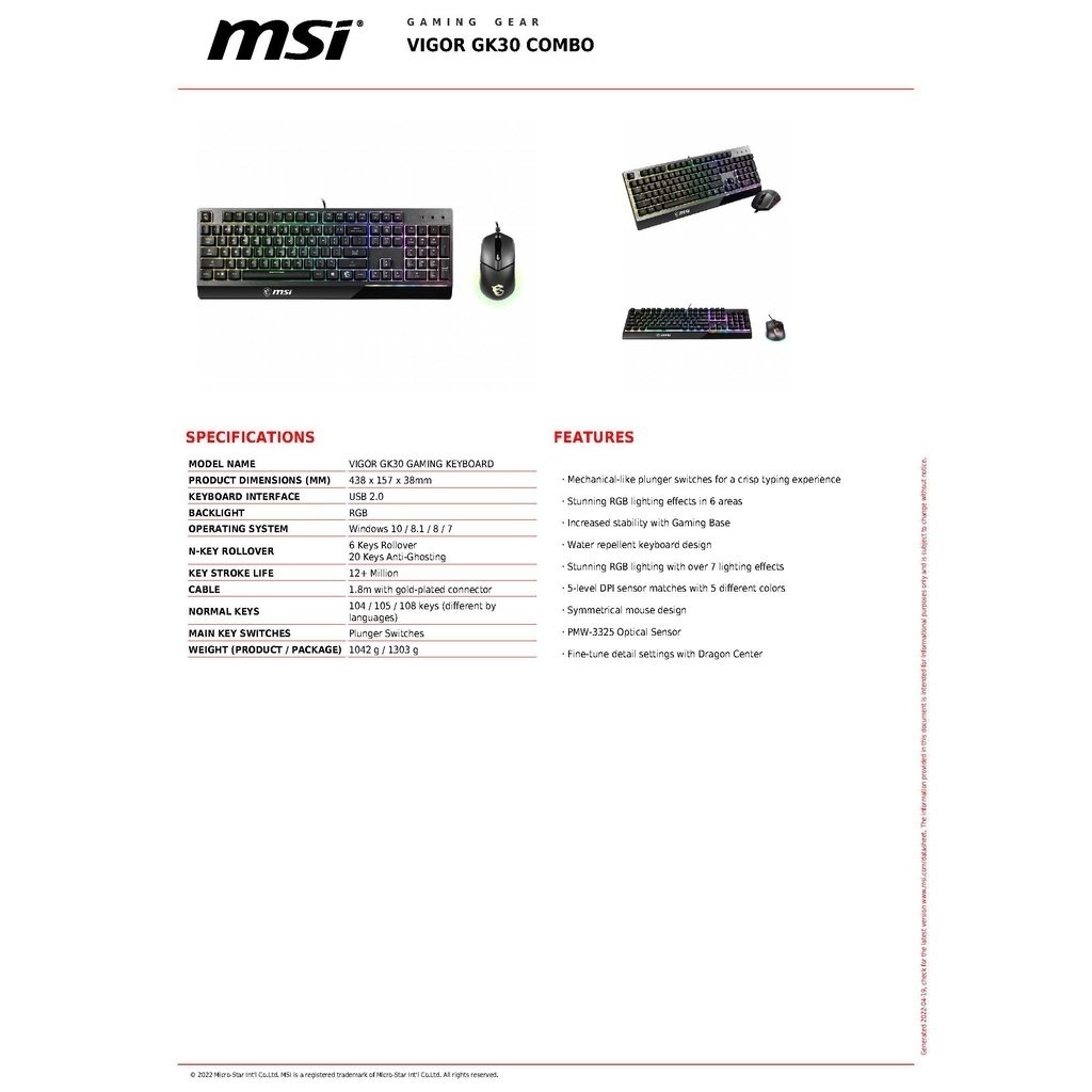 MSI Gaming Keyboard & Mouse VIGOR GK30 COMBO BLACK (TH/EN) + GM11