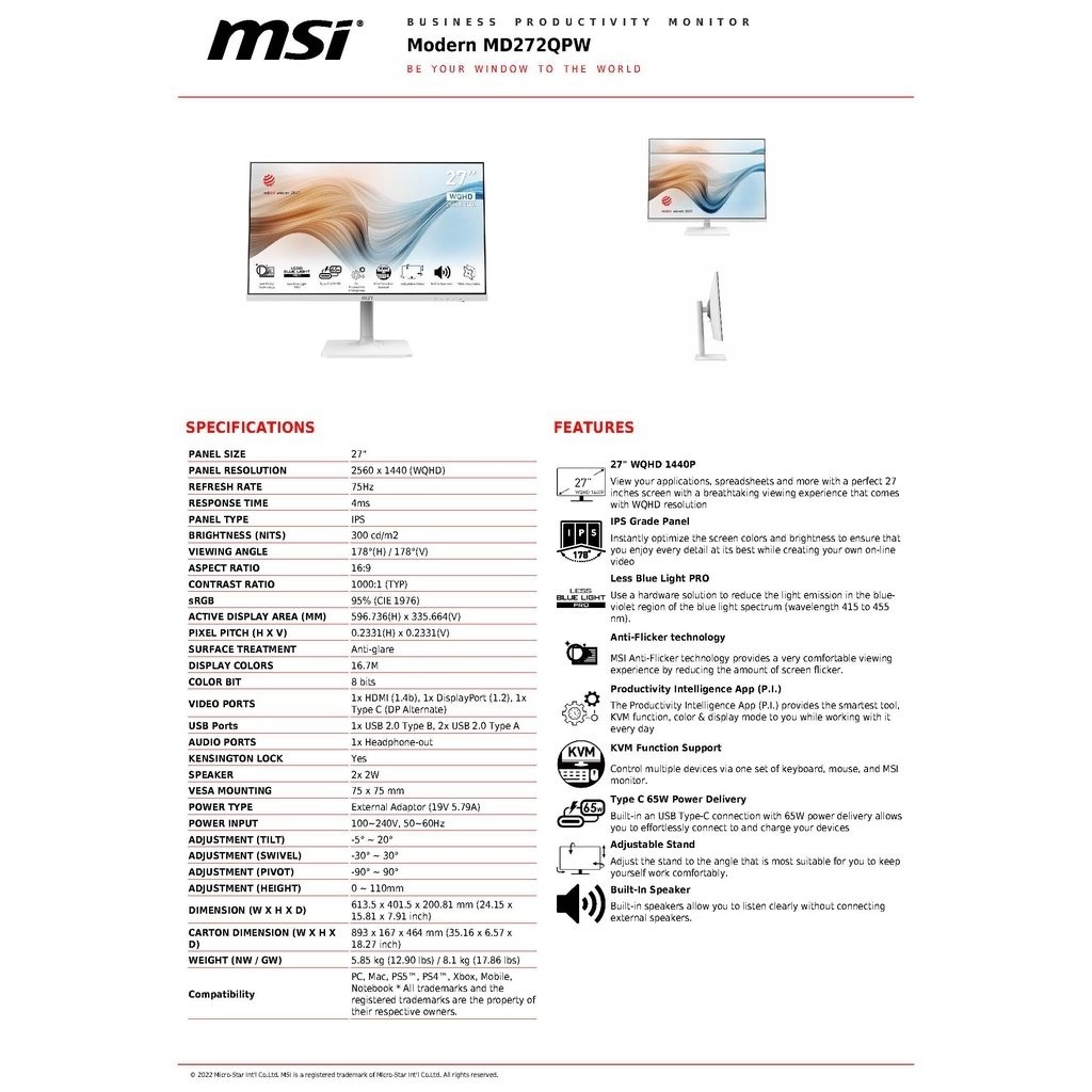 MSI Monitor รุ่น Modern MD272QPW 27" IPS 2K (WQHD, 4ms, TypeC, DP, HDMI, SPK) sRGB 95, 75Hz