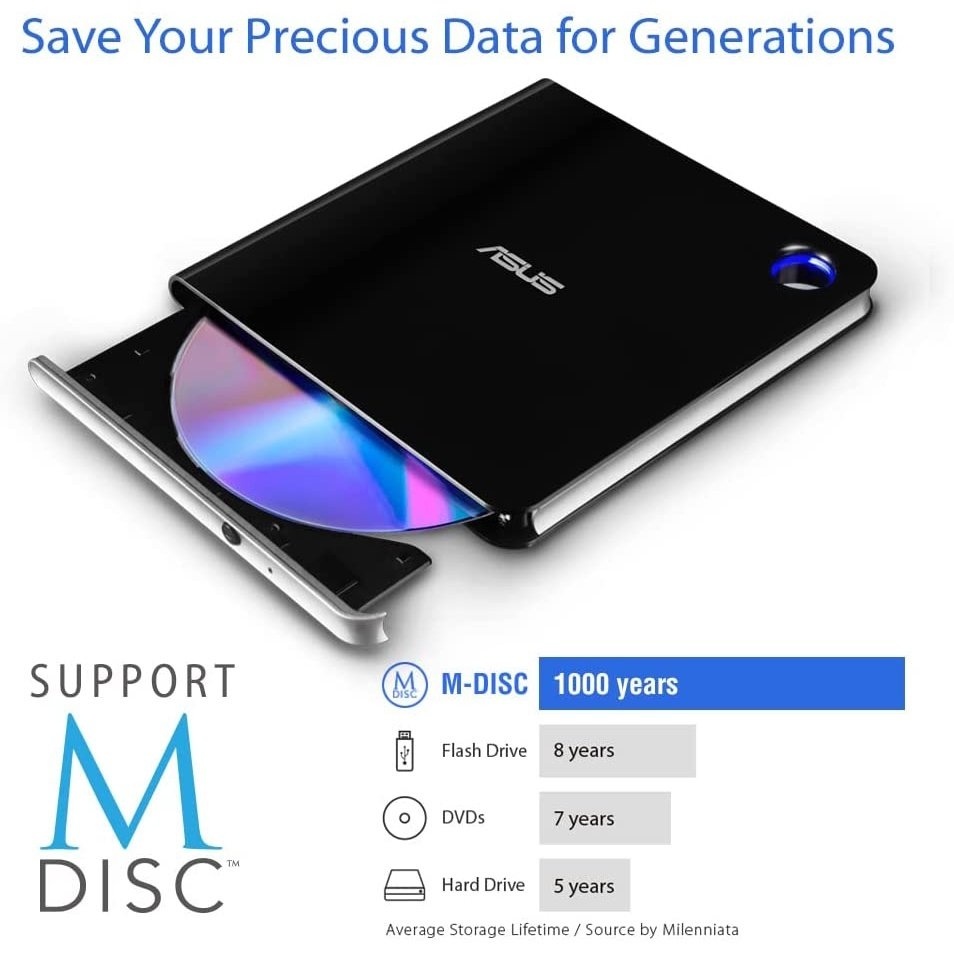 ASUS SBW-06D5H-U BDXL Extern Ultra Slim Blu-ray und MDisc Brenner (USB 3.1, USB-C, 2 Kabel) schwarz Lg Blu Ray Player Cd Burner ASUS SBW-06D5H-U External Blu-ray