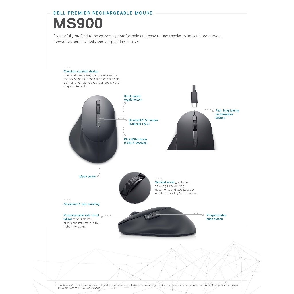 Dell MS900 Premier Rechargeable Mouse (Multi Mode Wireless BT 5.0, 2 ...